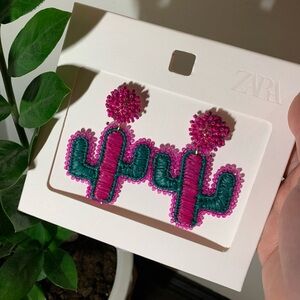 ZARA NWT Hot Pink & Green Cactus Drop Earrings PINK | 7243/205 festival boho